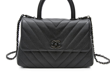 CHANEL So Black Caviar Chevron Quilted Mini Coco Handle Flap Bag