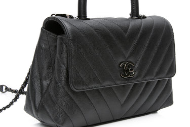 CHANEL So Black Caviar Chevron Quilted Mini Coco Handle Flap Bag