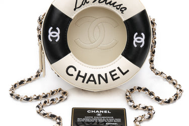 CHANEL Black White Lambskin Coco Lifesaver Round Crossbody Bag