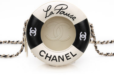 CHANEL Black White Lambskin Coco Lifesaver Round Crossbody Bag