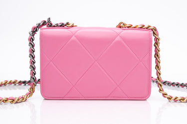 CHANEL Pink Lambskin Quilted Chanel 19 Wallet On Chain WOC