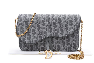 DIOR Grey Denim Dior Oblique Jacquard Medium Saddle Pouch with Chain (New)