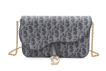 DIOR Grey Denim Dior Oblique Jacquard Medium Saddle Pouch with Chain (New)