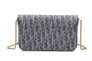DIOR Grey Denim Dior Oblique Jacquard Medium Saddle Pouch with Chain (New)