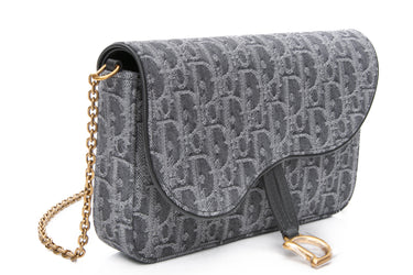 DIOR Grey Denim Dior Oblique Jacquard Medium Saddle Pouch with Chain (New)