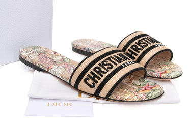DIOR Straw Embroidered Multicolor Cabinet de La Mer Dway Flat Slide Sandals 39.5 (New)