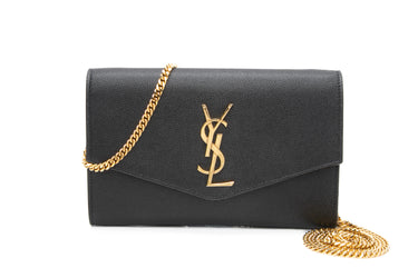 SAINT LAURENT Black Grain De Poudre Uptown Chain Wallet Crossbody Bag