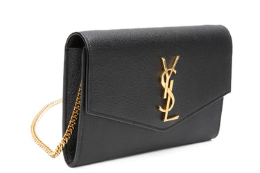 SAINT LAURENT Black Grain De Poudre Uptown Chain Wallet Crossbody Bag
