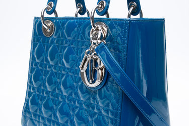 DIOR Patent Cannage Medium Blue Lady Dior Bag