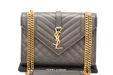 SAINT LAURENT Earth Envelope Triquilt Medium Shoulder Bag in Grained Leather