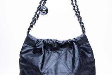 CHANEL Navy Blue Metallic Calfskin Quilted Chanel 22 Hobo Bag