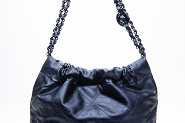 CHANEL Navy Blue Metallic Calfskin Quilted Chanel 22 Hobo Bag