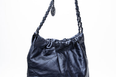 CHANEL Navy Blue Metallic Calfskin Quilted Chanel 22 Hobo Bag