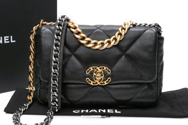 CHANEL Black Goatskin Quilted Chanel 19 Flap Bag