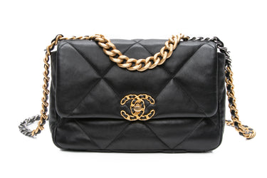 CHANEL Black Goatskin Quilted Chanel 19 Flap Bag