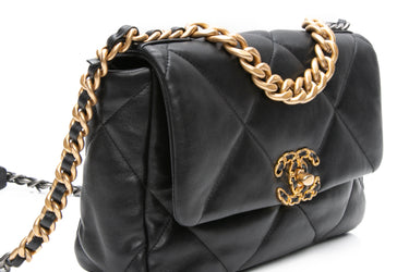 CHANEL Black Goatskin Quilted Chanel 19 Flap Bag