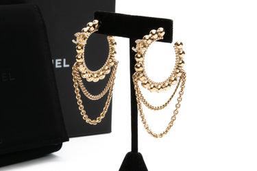 CHANEL Gold Metal Crystal Bead Chain CC Hoop Earrings