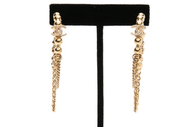 CHANEL Gold Metal Crystal Bead Chain CC Hoop Earrings