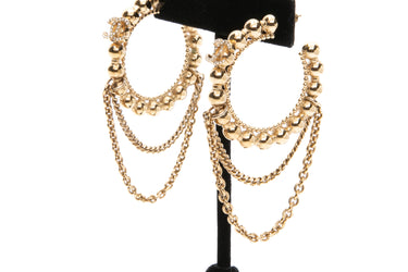 CHANEL Gold Metal Crystal Bead Chain CC Hoop Earrings