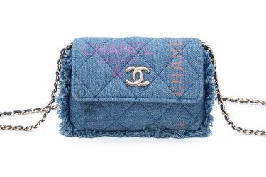 CHANEL 22P Blue Denim Micro Graffiti CC Logo Crossbody