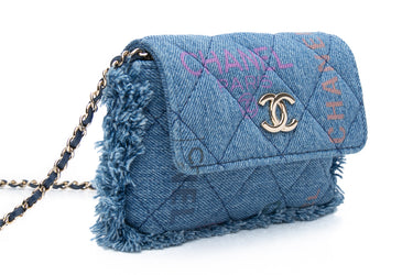 CHANEL 22P Blue Denim Micro Graffiti CC Logo Crossbody