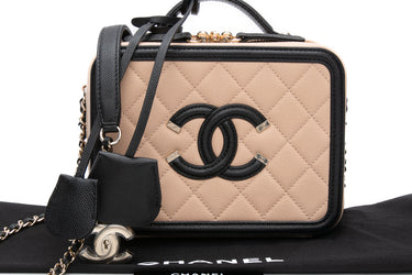 CHANEL Beige and Black Filigree Vanity Case Caviar Quilted Small With Chain