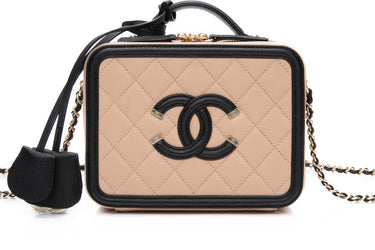 CHANEL Beige and Black Filigree Vanity Case Caviar Quilted Small With Chain