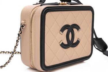 CHANEL Beige and Black Filigree Vanity Case Caviar Quilted Small With Chain