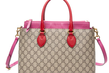 GUCCI Beige Ebony Hibiscus Red New Rosette GG Supreme Monogram Moon Calfskin Small Zip Top Tote Bag
