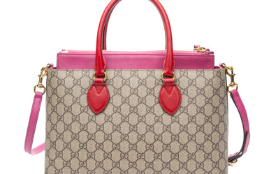 GUCCI Beige Ebony Hibiscus Red New Rosette GG Supreme Monogram Moon Calfskin Small Zip Top Tote Bag