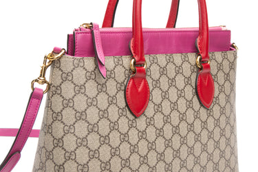 GUCCI Beige Ebony Hibiscus Red New Rosette GG Supreme Monogram Moon Calfskin Small Zip Top Tote Bag