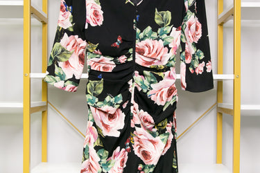 DOLCE & GABBANA Rose Print Silk Draped Shift Dress 42