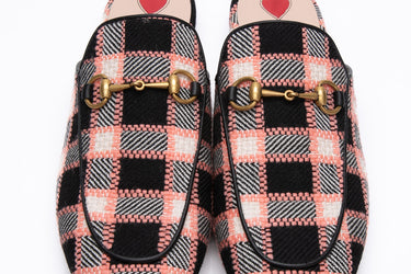 GUCCI Black Pink Multicolor Tweed Calfskin Damier Princetown Slippers 38 (New)