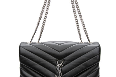 SAINT LAURENT Black Calfskin Y Quilted Monogram Medium LouLou Chain Satchel Shoulder Bag