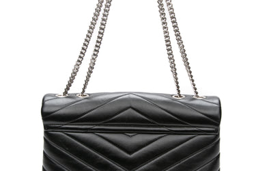 SAINT LAURENT Black Calfskin Y Quilted Monogram Medium LouLou Chain Satchel Shoulder Bag