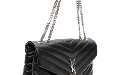 SAINT LAURENT Black Calfskin Y Quilted Monogram Medium LouLou Chain Satchel Shoulder Bag
