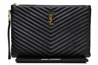 SAINT LAURENT Calfskin Matelasse Chevron Cassandre Monogram Pouch with wrist strap