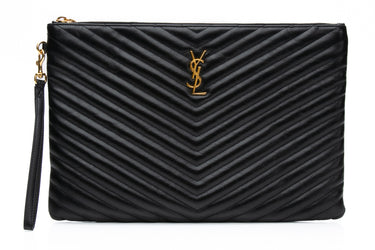 SAINT LAURENT Calfskin Matelasse Chevron Cassandre Monogram Pouch with wrist strap