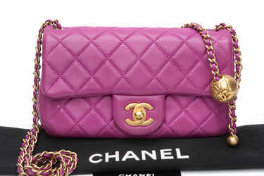 CHANEL Rectangular Mini Purple Lambskin Quilted Pearl Crush Gold Flap Bag