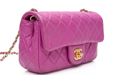 CHANEL Rectangular Mini Purple Lambskin Quilted Pearl Crush Gold Flap Bag