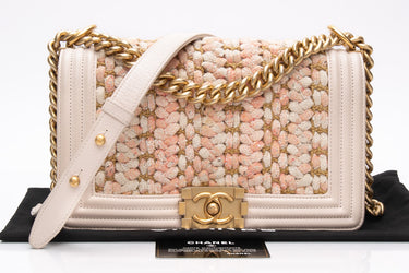 CHANEL Light Pink Medium Tweed Braided Boy Flap Bag