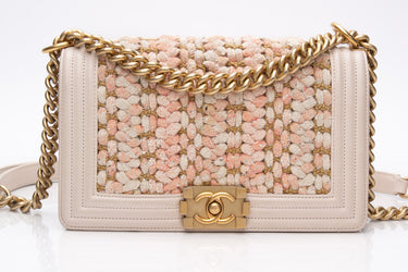 CHANEL Light Pink Medium Tweed Braided Boy Flap Bag