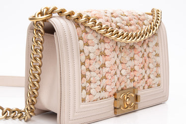 CHANEL Light Pink Medium Tweed Braided Boy Flap Bag