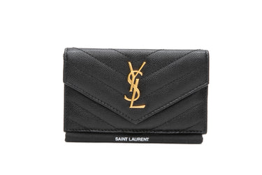 SAINT LAURENT Black Grain de Poudre Leather Cassandre Matelasse Fragments Flap Card Case