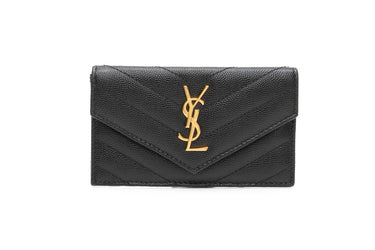 SAINT LAURENT Black Grain de Poudre Leather Cassandre Matelasse Fragments Flap Card Case