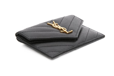 SAINT LAURENT Black Grain de Poudre Leather Cassandre Matelasse Fragments Flap Card Case