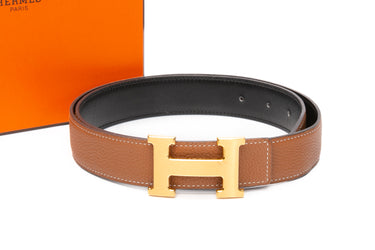 HERMES Noir Gold H Belt Buckle & Reversible Leather 32MM Belt Sz 85