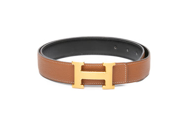 HERMES Noir Gold H Belt Buckle & Reversible Leather 32MM Belt Sz 85
