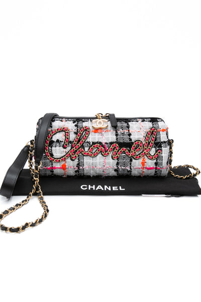 CHANEL 20S White Black Tweed Calfskin Chain Signature Bowling