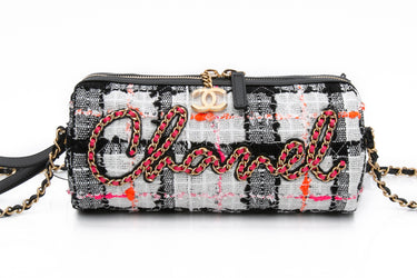 CHANEL 20S White Black Tweed Calfskin Chain Signature Bowling Crossbody Bag (New)